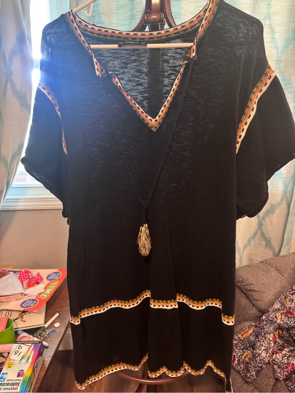 Zara Black V-Neck Tunic with Multicolor Trim and Tassel